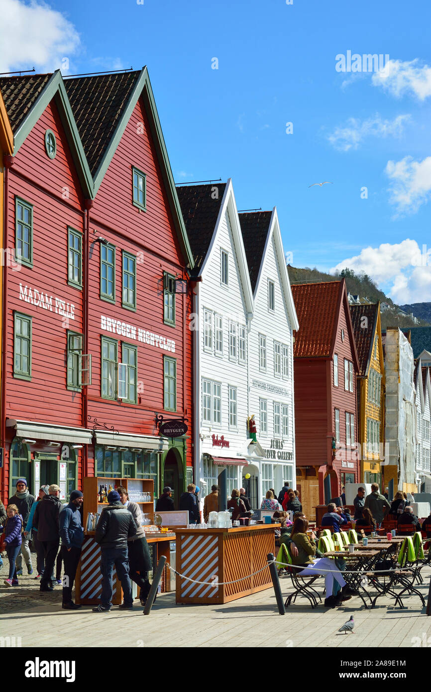 Fischerei und Handel Holz- Lager in der bryggen District, ein ehemaliger Counter der Hanse. Ein UNESCO-Weltkulturerbe, Bergen. Norwegen Stockfoto