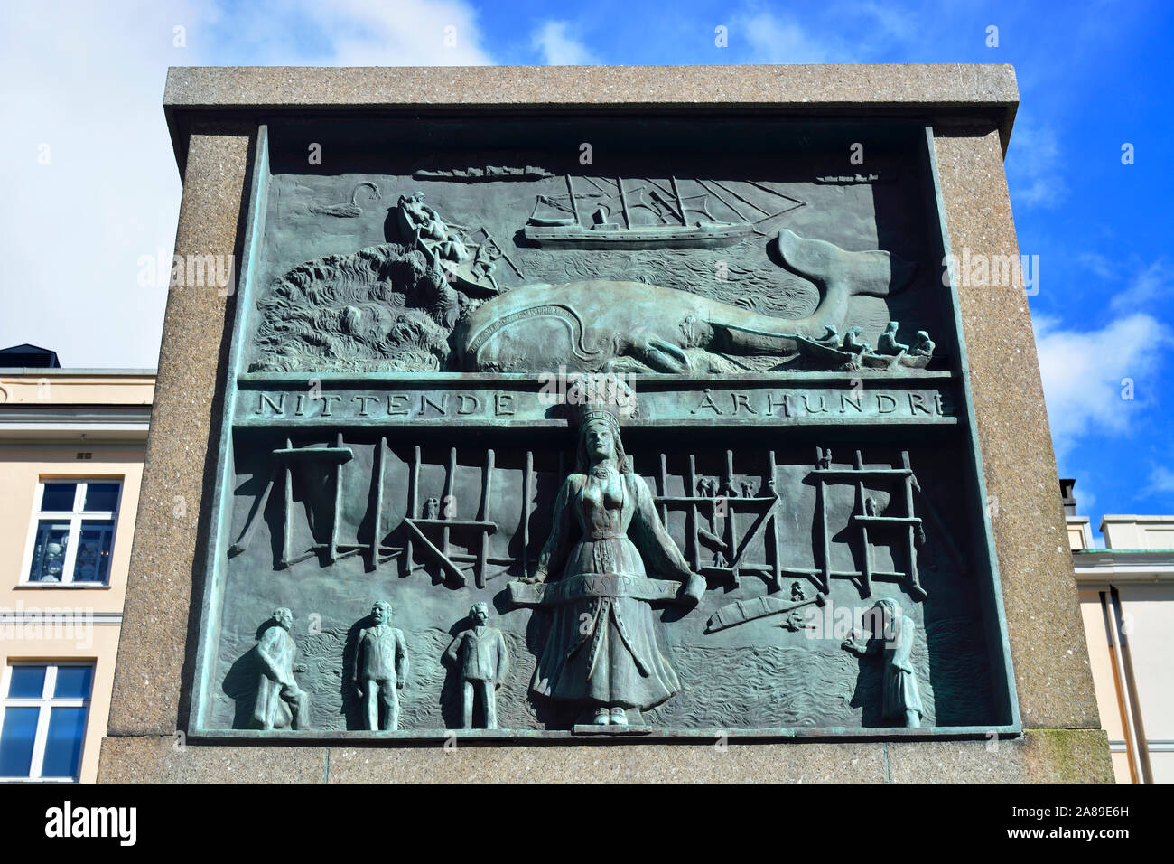 Der Seeleute Denkmal, geschaffen von dem Bildhauer Dyre Vaa, zu Ehren der Leistungen der Norwegischen Seeleute durch die Jahrhunderte. Bergen, Norwegen Stockfoto