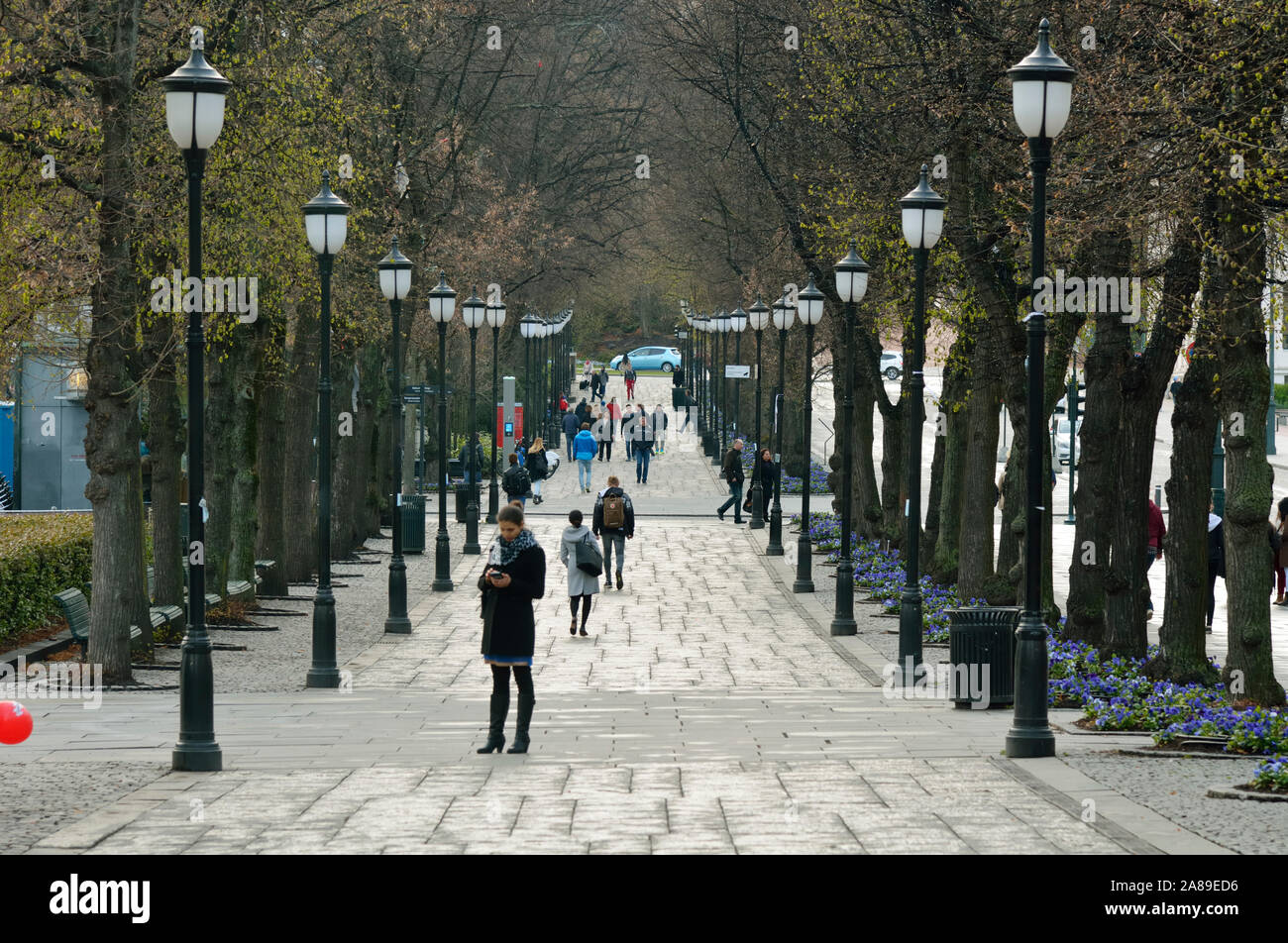 Die Fußgängerzone der Karl Johans gate (Straße) in der Mitte eines grünen Stadtpark. Oslo, Norwegen Stockfoto