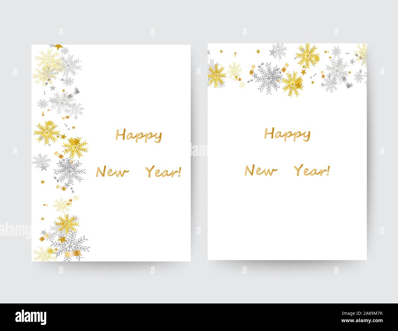 Französische text Joyeux Noel. Frohe Weihnachten und guten Rutsch ins neue Jahr. Weihnachten Hintergrund mit glänzenden Gold und Silber Schneeflocken. Grußkarte, holiday Banner Stock Vektor