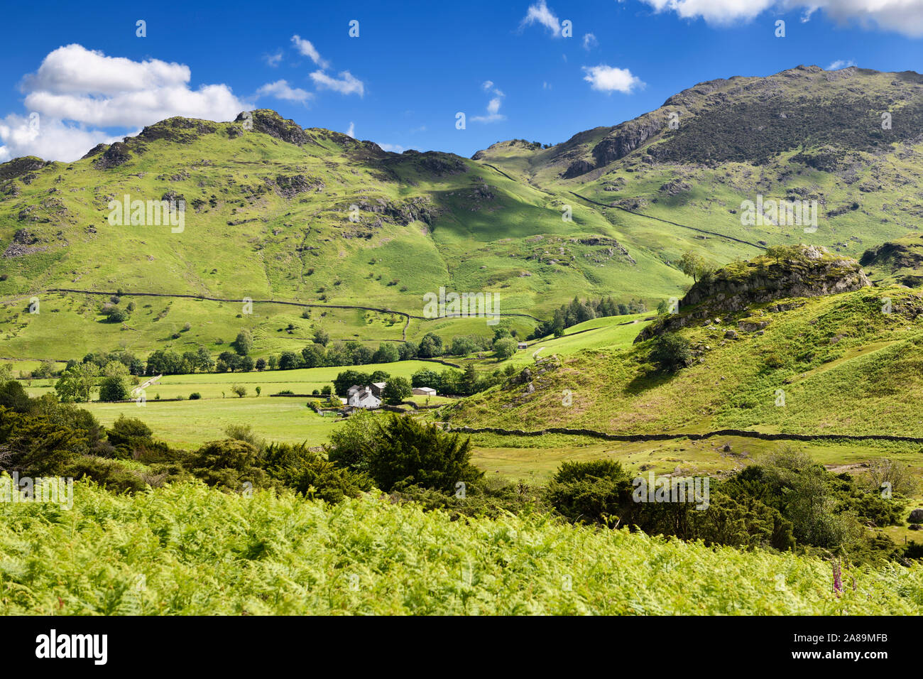Fiel Fuß Bauernhof im Little Langdale Valley neben Schloss Howe rock und Birk fiel und Hawse Wetherlam peaks Lake District, England Stockfoto