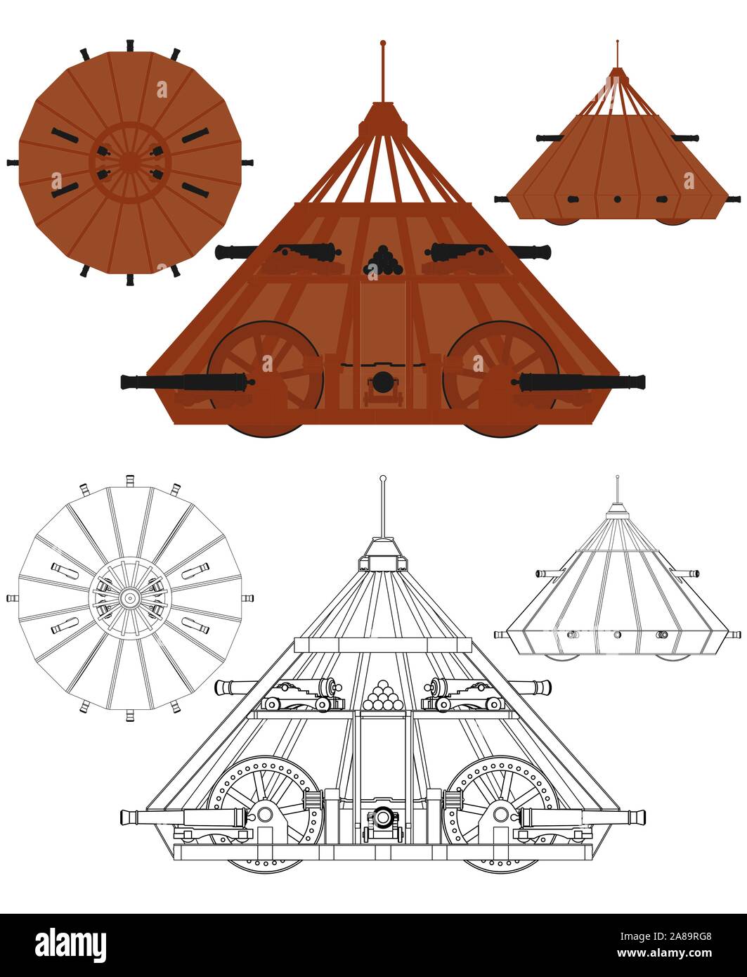 Leonardo da Vinci gepanzertes Fahrzeug farbige erfinden. Stock Vektor