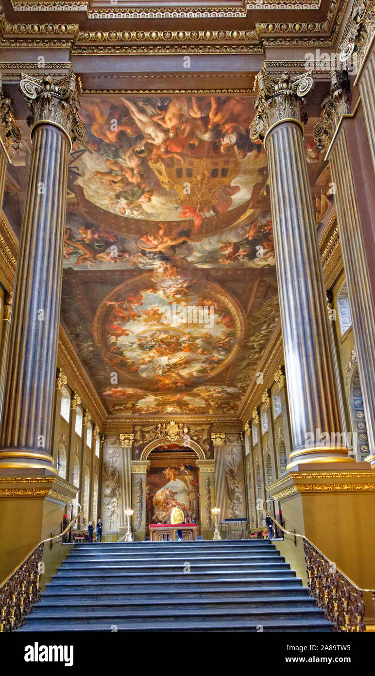 LONDON GREENWICH Old Royal Naval College TREPPE GEMALT ZU HALLE EIN MEISTERWERK DES MALERS JAMES THORNHILL Stockfoto