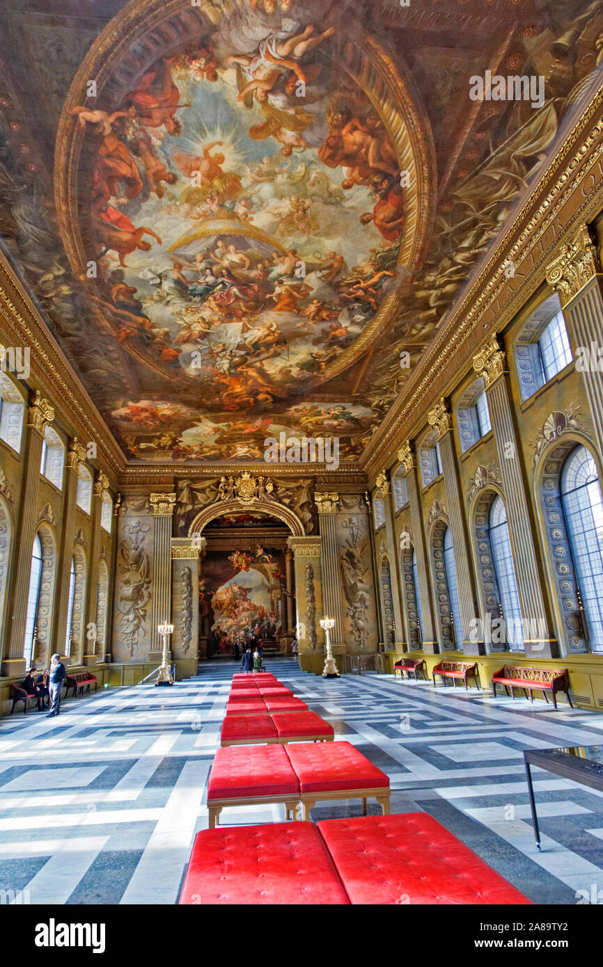 LONDON GREENWICH Old Royal Naval College die Decke gemalt HALLE EIN MEISTERWERK DES MALERS JAMES THORNHILL Stockfoto