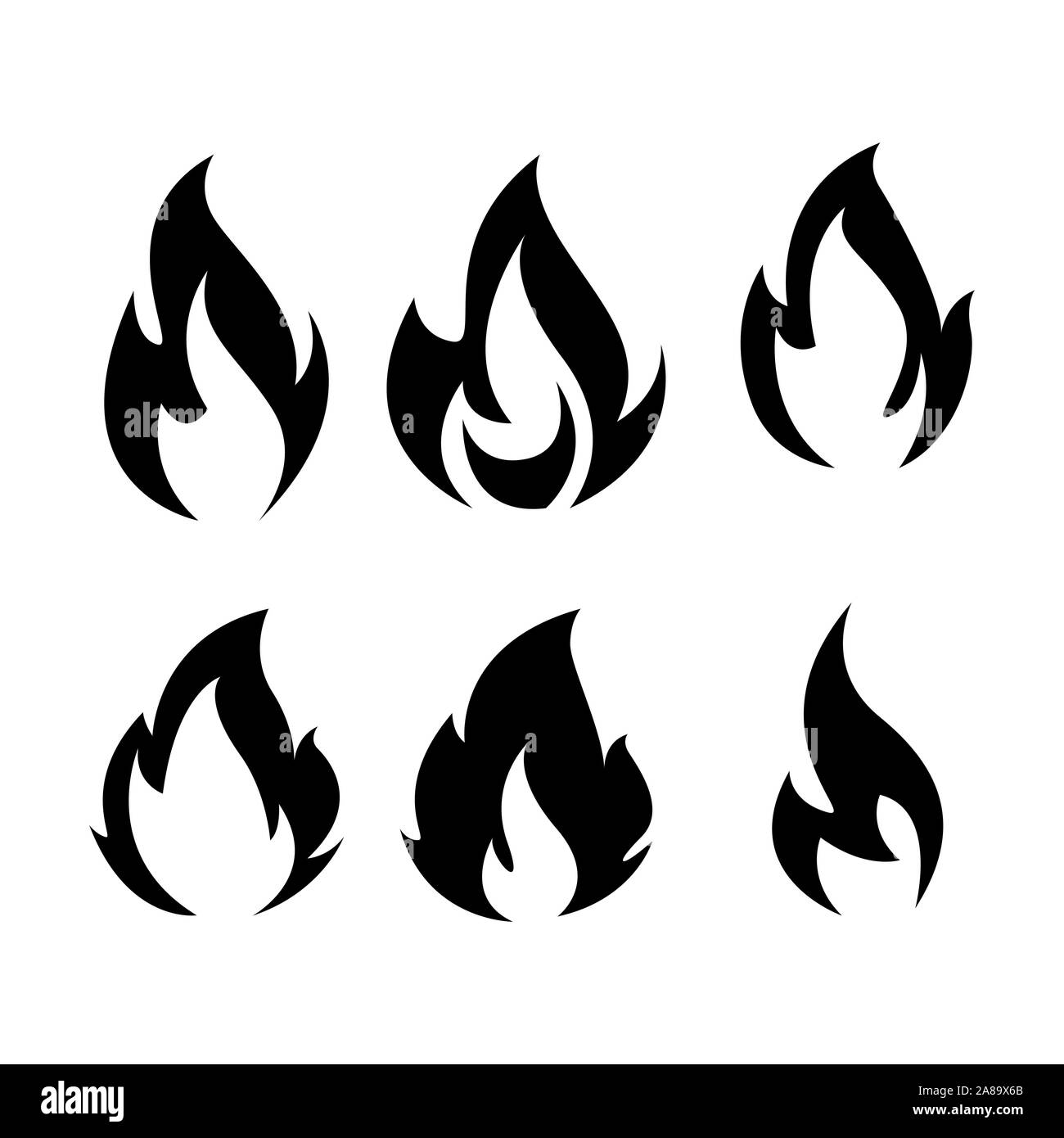 Black Fire Icons Set Vektor Bild. Fire Flame Symbol, schwarz Symbol auf weißem Hintergrund Stock Vektor