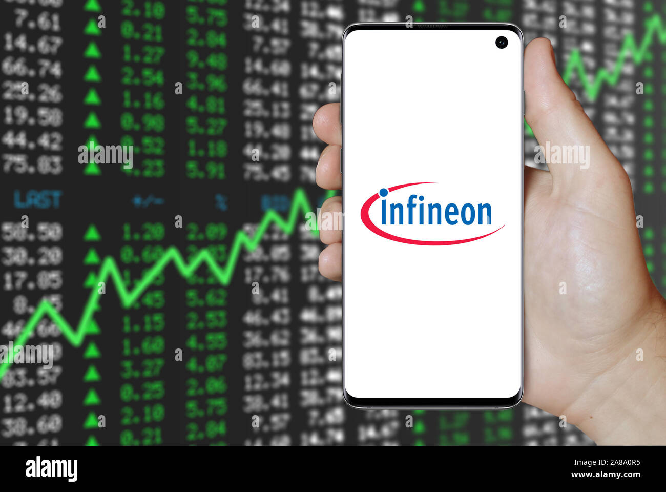 Logo der öffentlichen Unternehmen Infineon Technologies auf dem Smartphone angezeigt. Positive Börse Hintergrund. Credit: PIXDUCE Stockfoto
