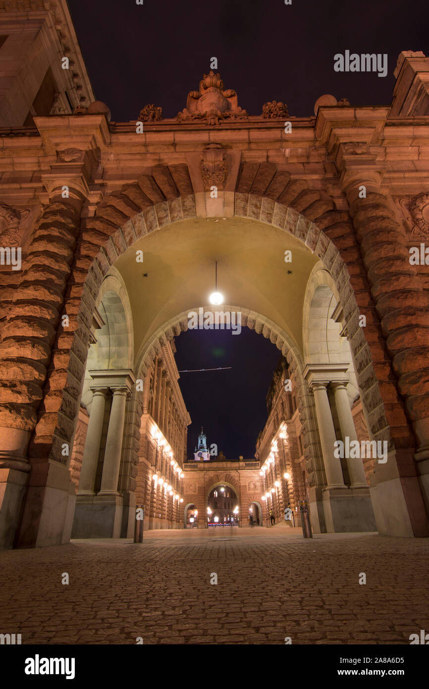 Stockholm Parlament Gateway von der Innenstadt von großem Betrachtungswinkel Stockfoto