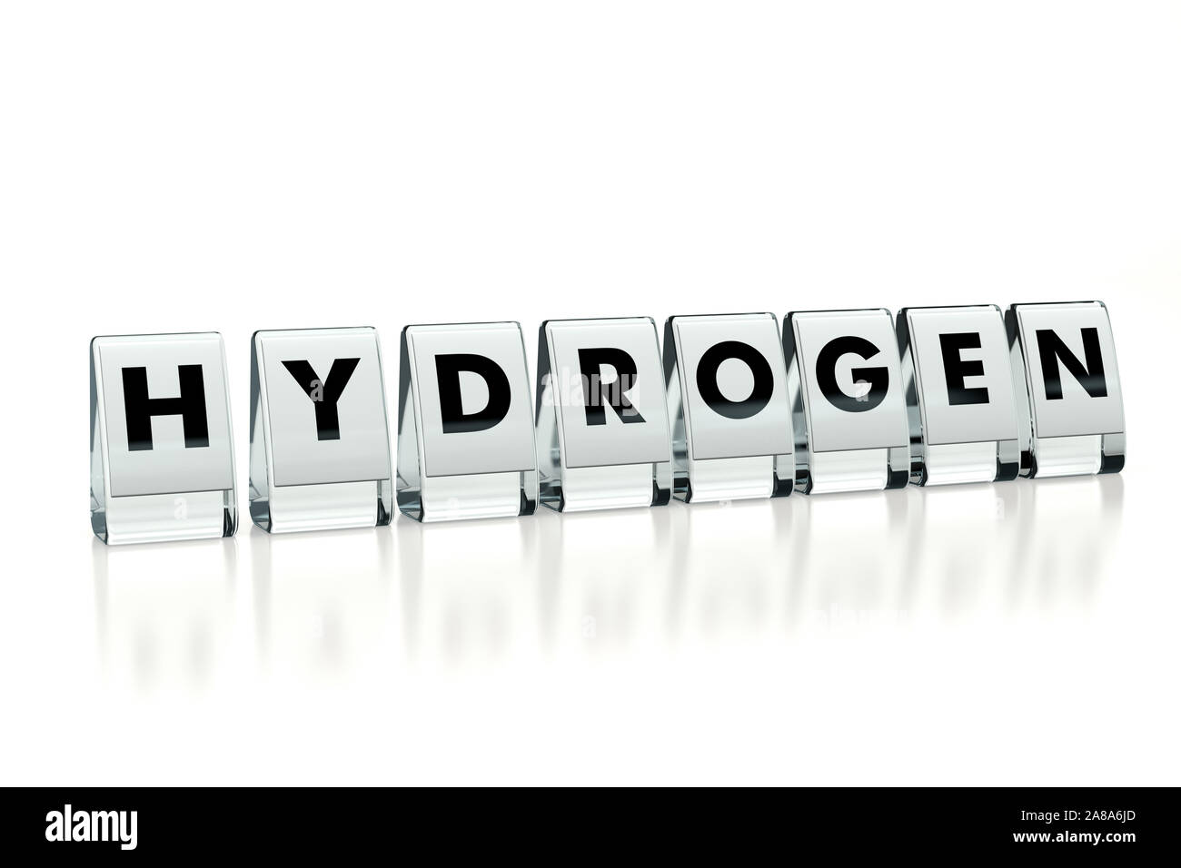 Wasserstoff Wort auf glänzenden Blöcke auf weißem Hintergrund geschrieben. Wasserstofftechnologie populärer wird mit jedem Jahr-Konzept. Abbildung: Stockfoto