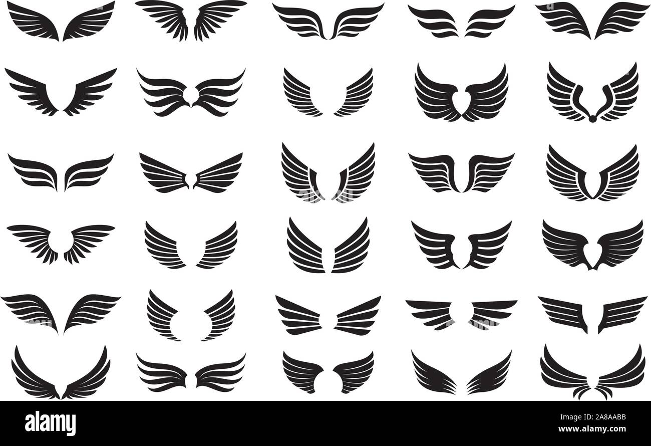 Satz Von Schwarzen Flugeln Vector Illustration Und Umrisse Symbole Symbol Der Freiheit Stock Vektorgrafik Alamy