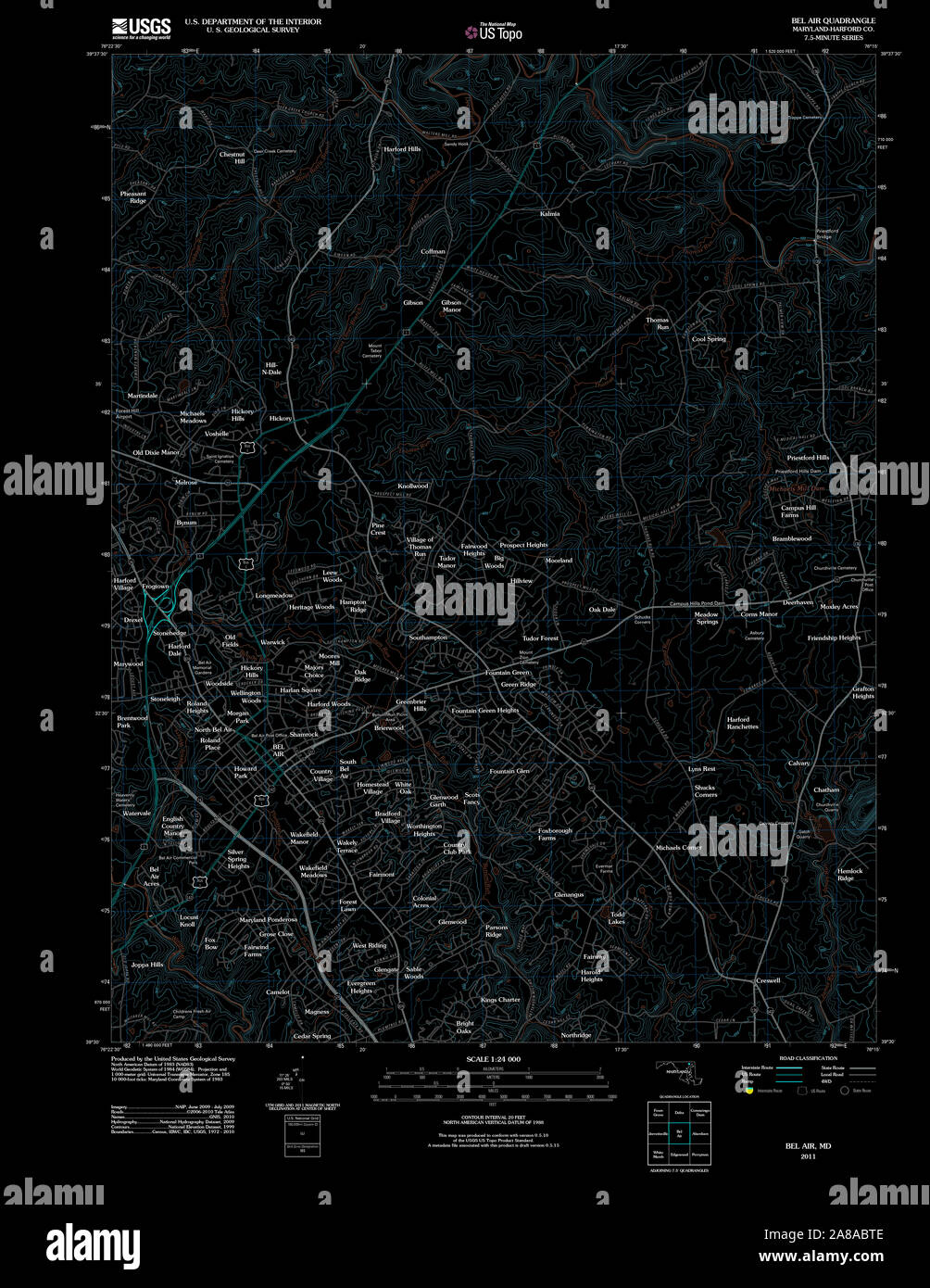 USGS TOPO Karte Maryland MD Bel Air 20110707 TM invertiert Stockfoto