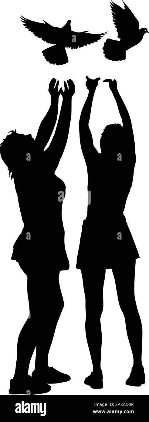 Silhouette von zwei Mädchen gehen lässt der Taube in den Himmel. Stock Vektor