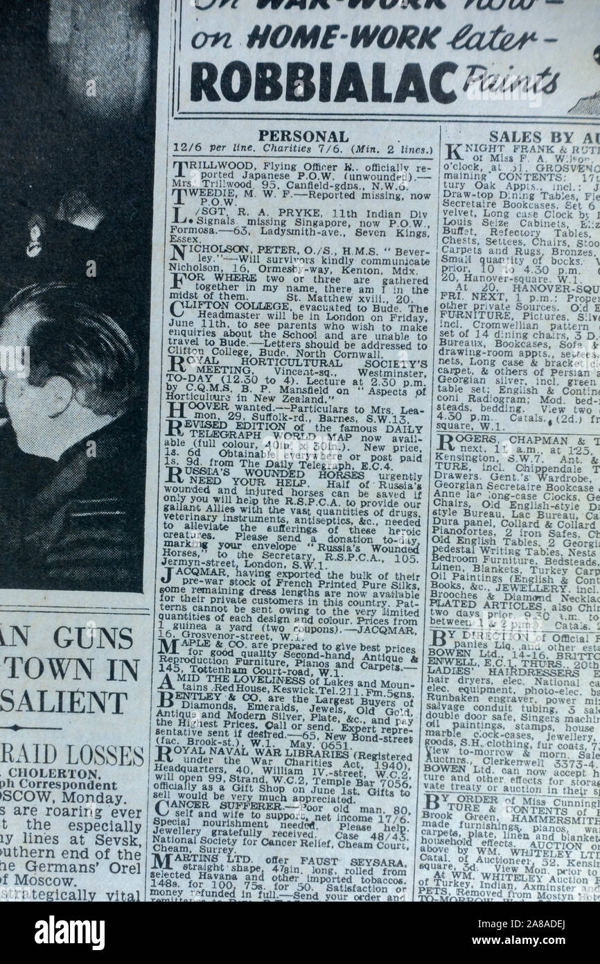 Persönliche Anzeigen in der "Daily Telegraph" (Nachbau), 18. Mai 1943, dem Tag nach dem Dam Busters Raid. Stockfoto