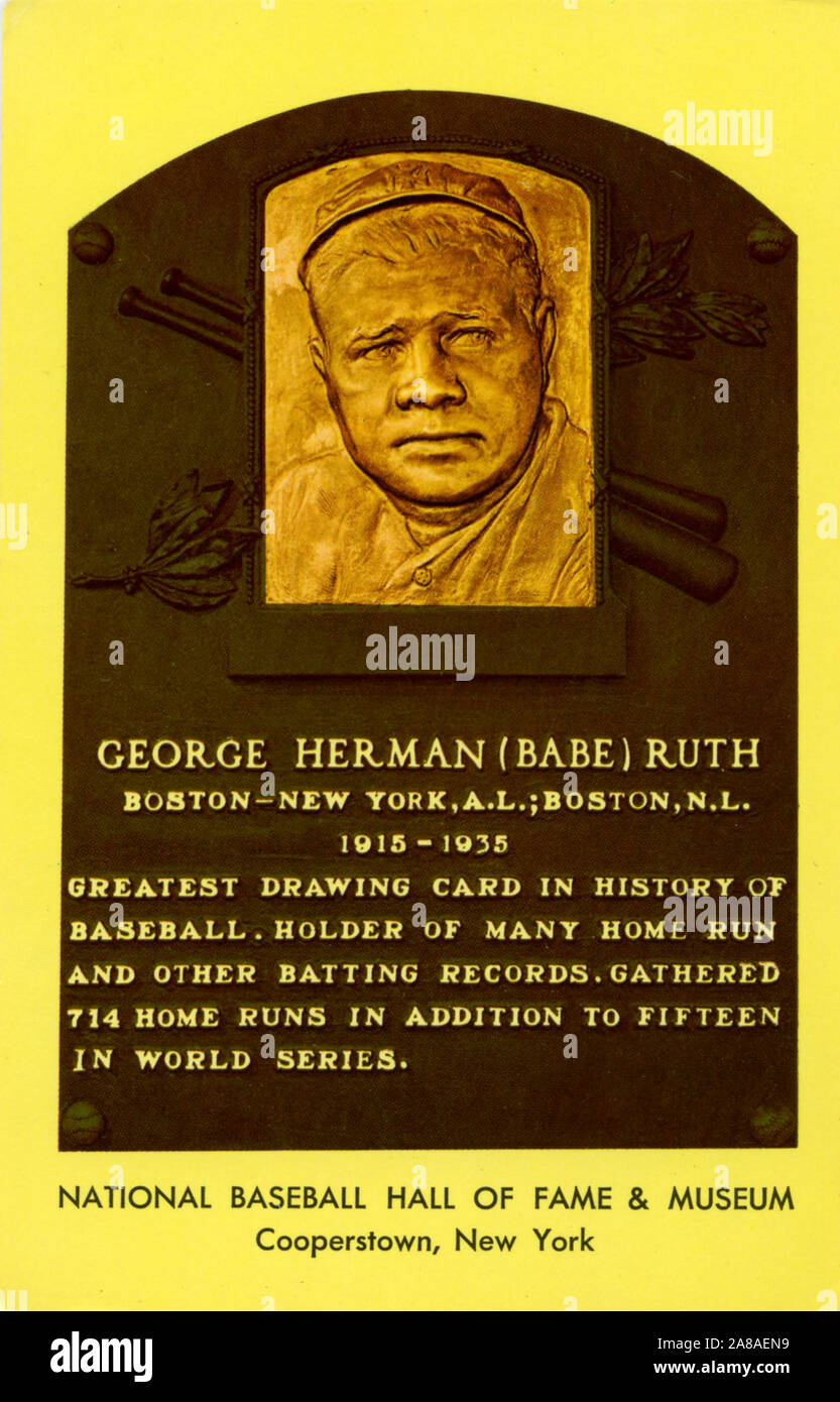 Souvenir Postkarte zum Gedenken an Babe Ruth's Gedenktafel am National Baseball Hall of Fame in Cooperstown, New York. Stockfoto