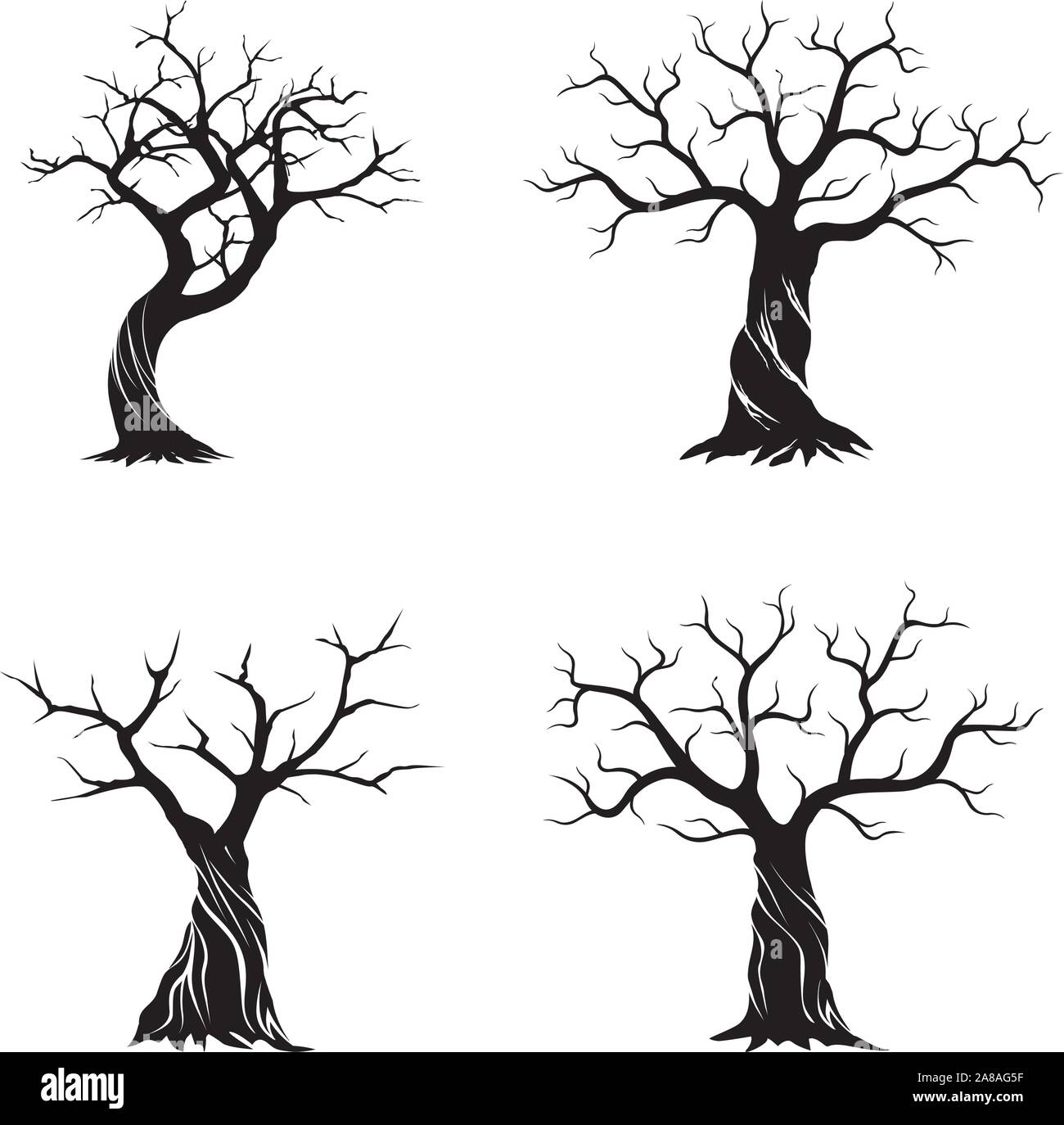 Satz von Schwarz isoliert Olivenbäumen auf weißem Hintergrund. Vector Illustration und concept Piktogramm. Pflanze im Garten. Stock Vektor