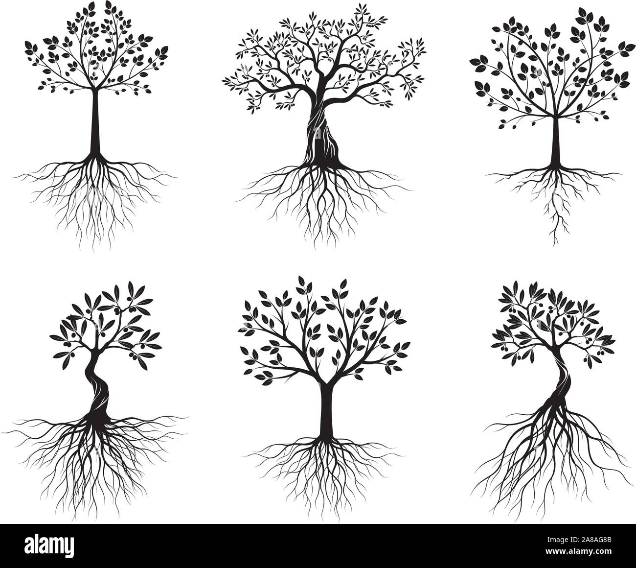 Satz von Grün Isoliert Bäume auf weißem Hintergrund. Vector Illustration und concept Piktogramm. Pflanze im Garten. Stock Vektor