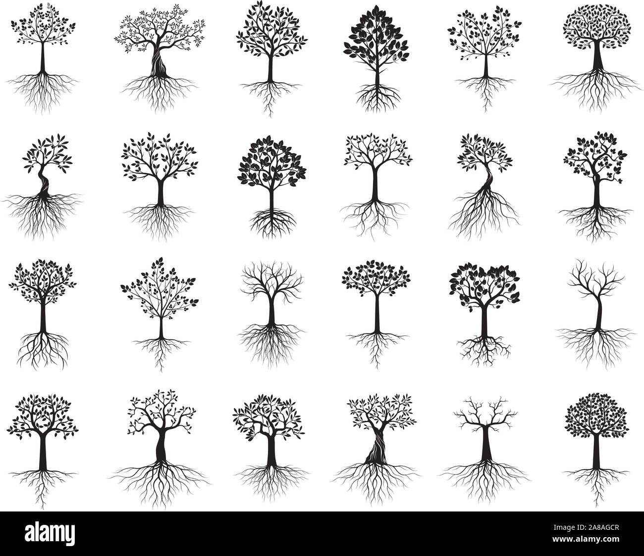Große schwarze Isoliert schöne Bäume mit Wurzeln auf weißem Hintergrund. Vector Illustration und concept Piktogramm. Pflanze im Garten. Stock Vektor