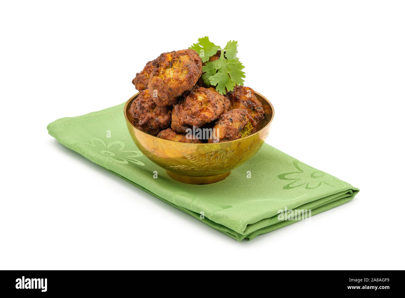Schüssel leckere Pakora eine trational Snack in der Indischen mit Kichererbsen und frittiert. Stockfoto