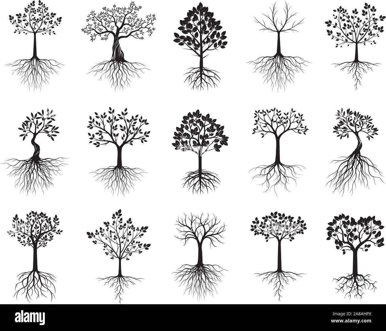 Satz von Schwarz isoliert schöne Bäume auf weißem Hintergrund. Vector Illustration und concept Piktogramm. Pflanze im Garten. Stock Vektor