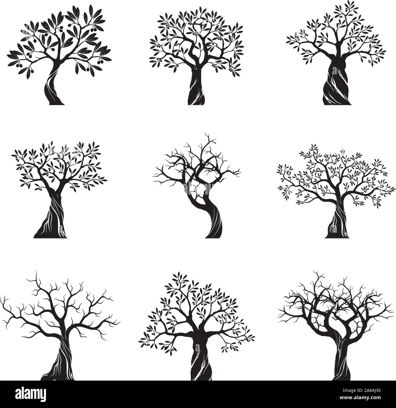 Satz von Schwarz isoliert Olivenbäumen auf weißem Hintergrund. Vector Illustration und concept Piktogramm. Pflanze im Garten. Stock Vektor