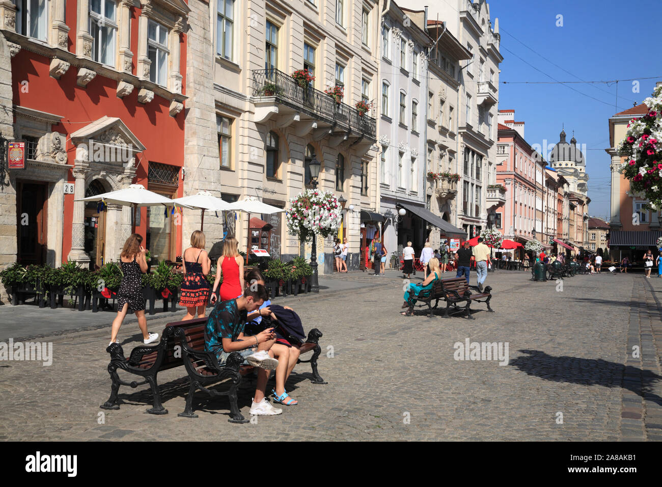 Häuser am Marktplatz Marktplatz, Lviv, Ukraine Stockfoto