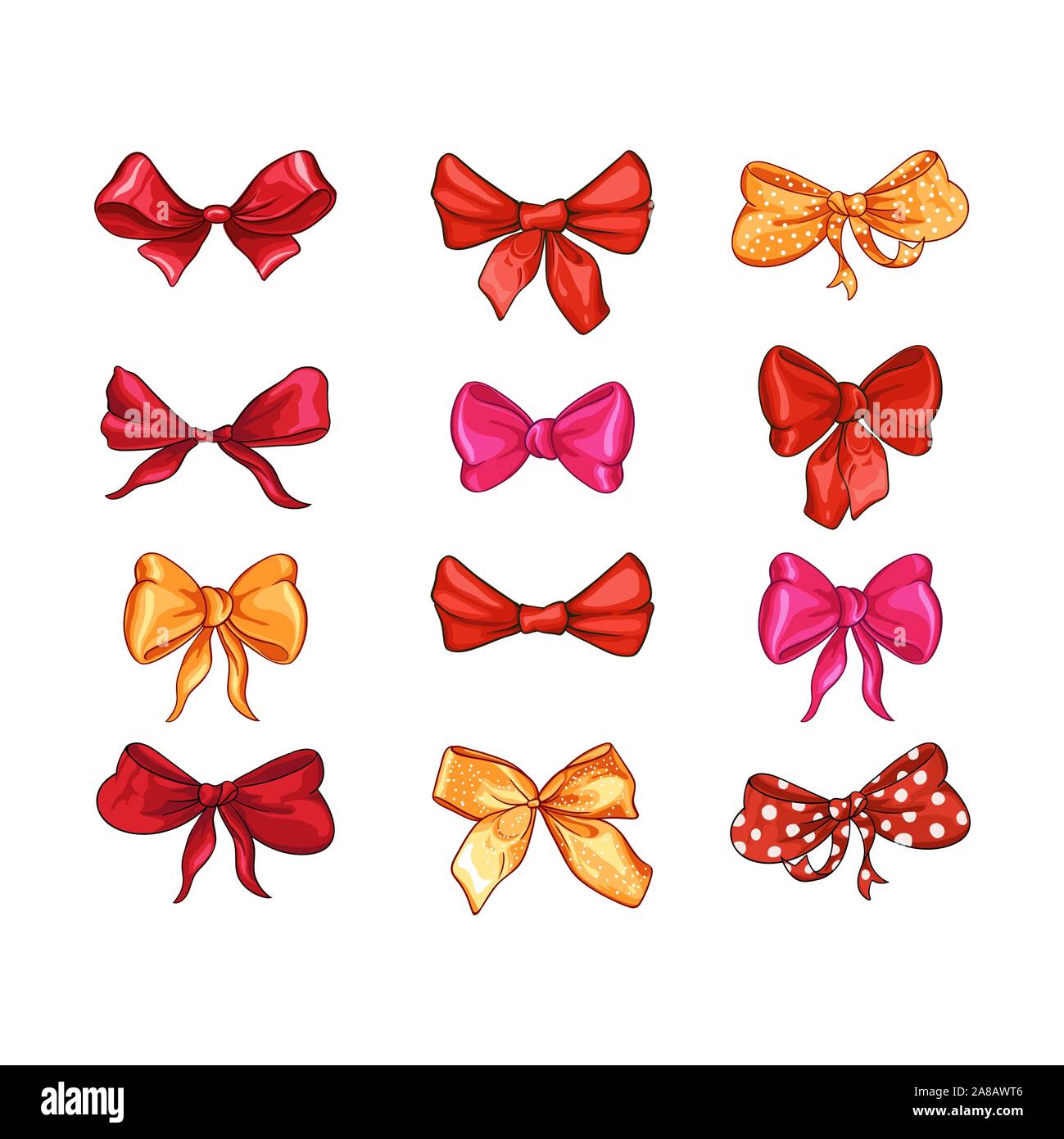 Bogen für Haar Dekor flachbild Vektorgrafiken. Rot, Rosa, gelben Streifen auf weißem Hintergrund. Polka Dot bowknot, trendige Mädchen Zubehör. Süße vintage Frisur Elemente Sammlung Stock Vektor