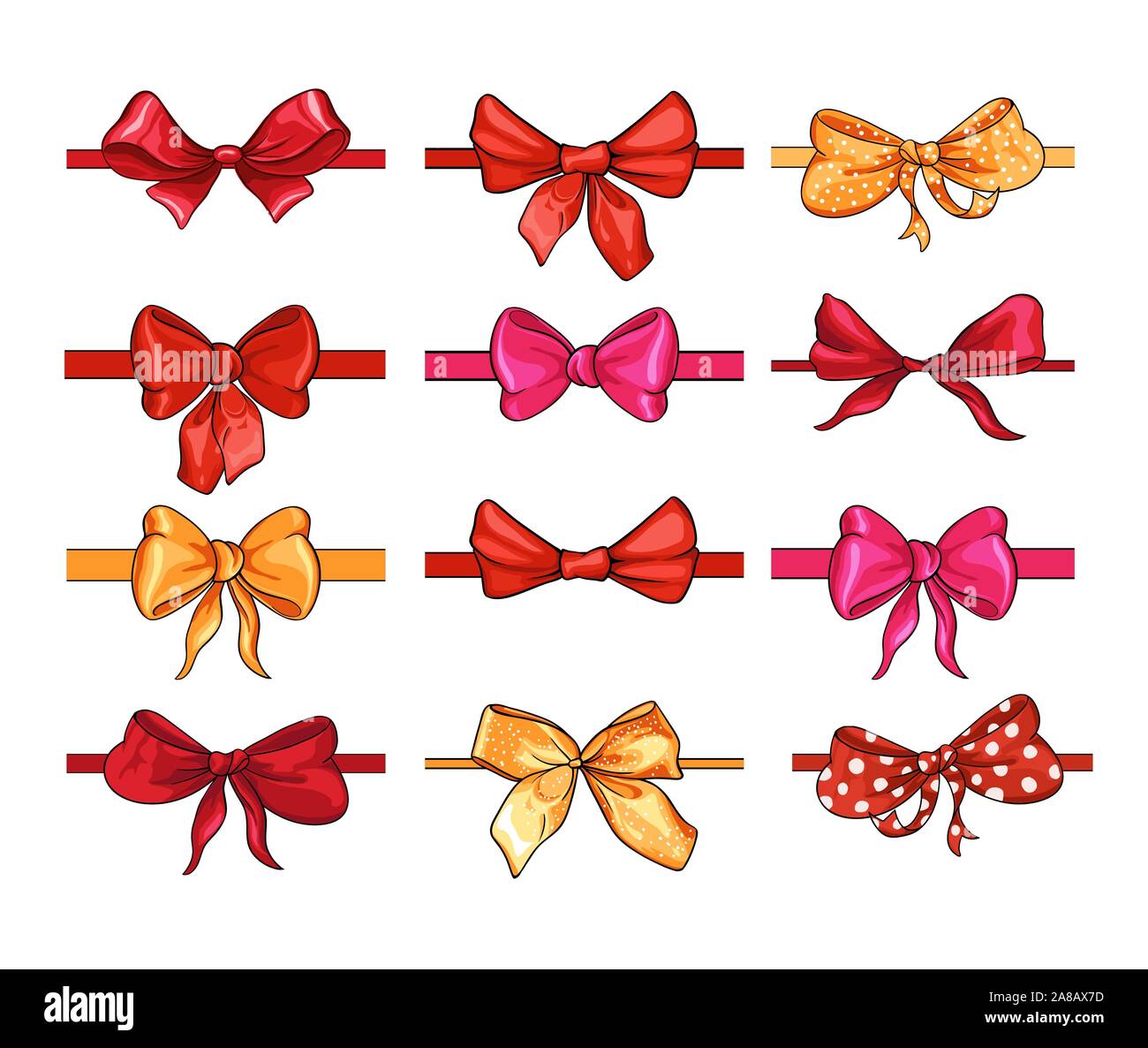 Bogen für Haar Dekor flachbild Vektorgrafiken. Rot, Rosa, gelben Streifen auf weißem Hintergrund. Polka Dot bowknot, trendige Mädchen Zubehör. Süße vintage Frisur Elemente Sammlung Stock Vektor