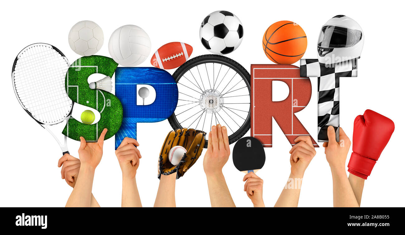 Athlet Menschen halten sich bunt Schreiben mit Word Sport Mit Sport Radfahren rad Ball motorsport Helm Schwimmbad auf w isoliert eingerichtet Stockfoto