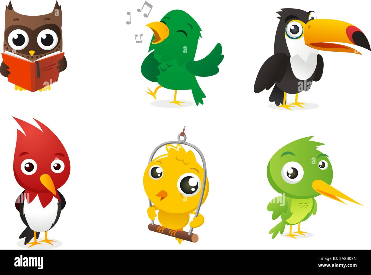 Sechs Cartoon Vollfarbe Vögel set mit Eule, Papagei, Tukan und Specht Vektor-Illustration. Stock Vektor