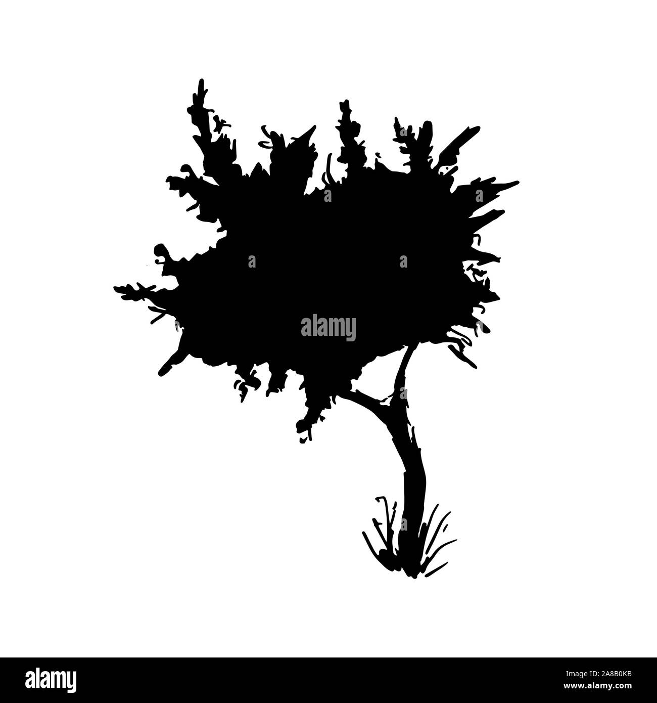 Baum mit schwarzer Farbe silhouette Vector Illustration. Aquarell Schwarzweiß-Zeichnung. Botanical Hand gezeichnet Design Element auf Weiß isoliert. Stilisierten Baum Silhouette mit schwarzer Tinte spritzt und Blobs Stock Vektor