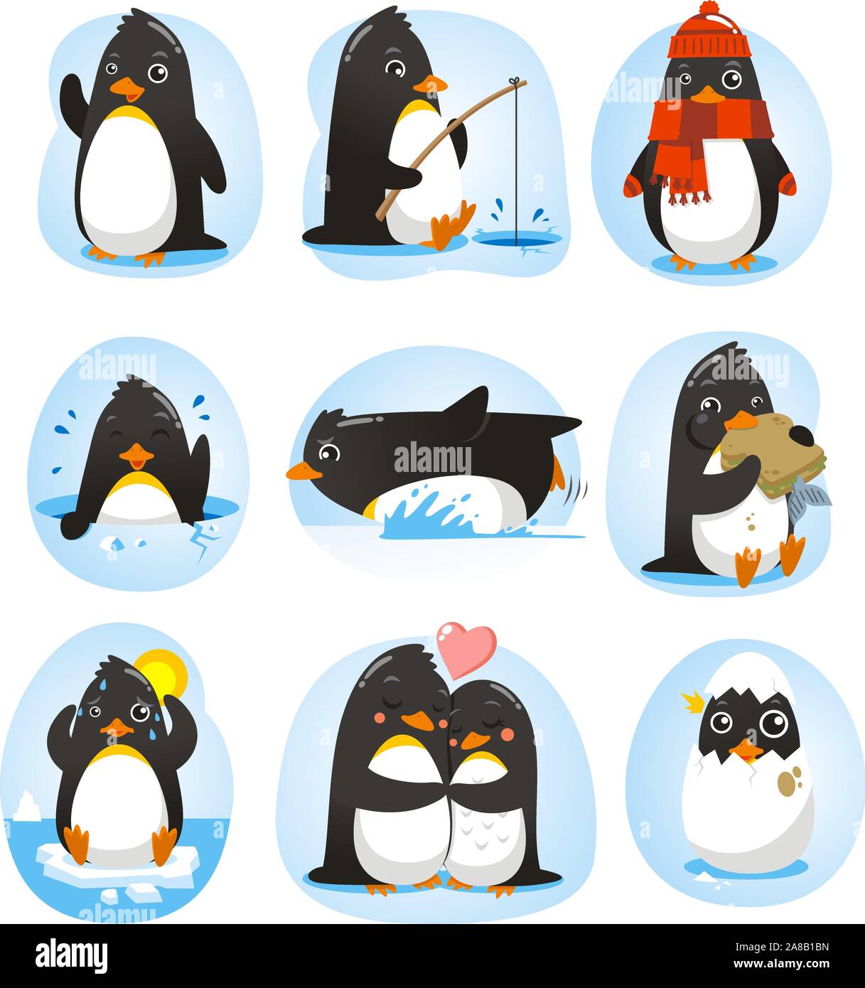 Pinguin set Vektor-Illustration mit den Pinguinen in verschiedenen Situationen wie tanzen, Angeln, Winter, Schwimmen, Essen, in Love Kollektion. Stock Vektor