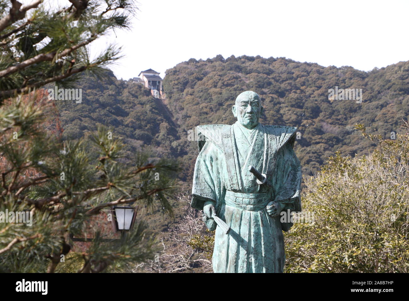 Alte Samurai Kikkawa Hiroyoshi Statue Stockfoto