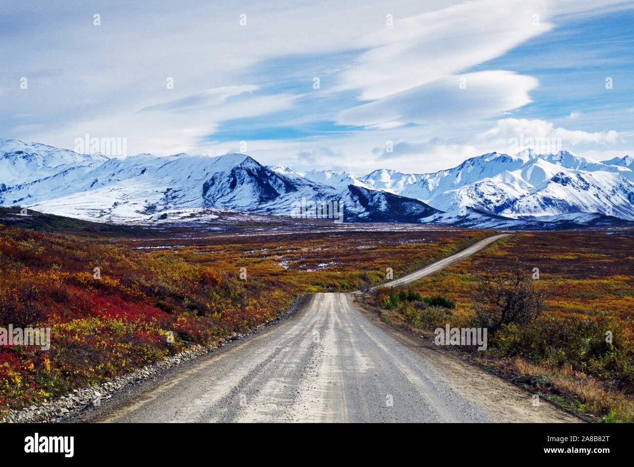Landschaft mit Straßen, Tundra und Alaska Range mountanis, Denali National Park, Alaska, USA Stockfoto