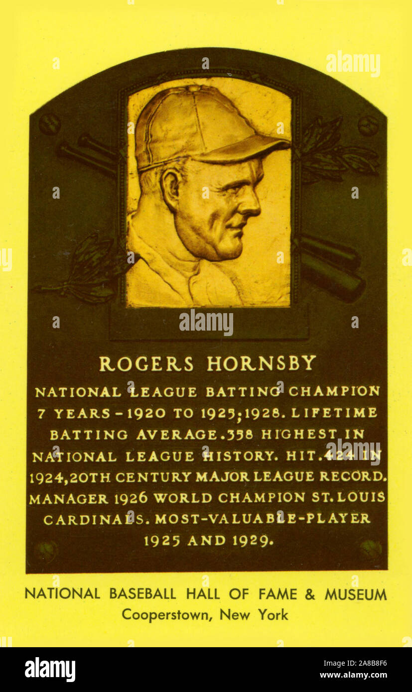 Souvenir Postkarte zum Gedenken an den Rogers Hornsby Plakette an der National Baseball Hall of Fame in Cooperstown, New York. Stockfoto