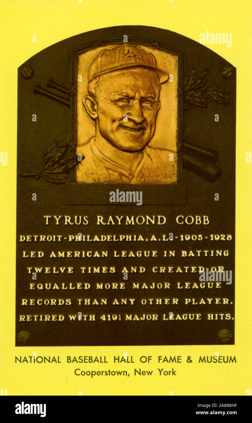 Souvenir Postkarte zum Gedenken an den Ty Cobb Plakette an der National Baseball Hall of Fame in Cooperstown, New York. Stockfoto