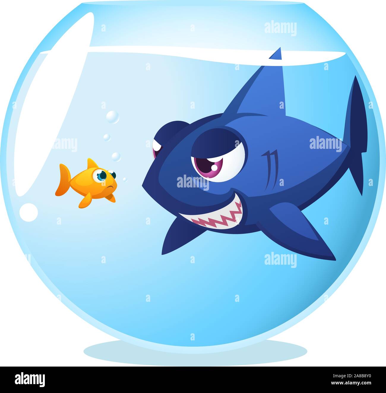 Goldfisch Fisch in Gefahr shark Innen fishbowl, ernsthaft gefährlich Room Mate. Mit großen blauen Hai starrte auf kleinen niedlichen Angst Fisch sowohl innerhalb als fishb Stock Vektor