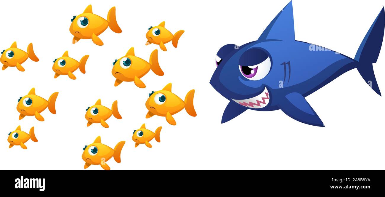Große bedrohliche Fisch über einige kleine Goldfische Fische zu essen, mit elf Fisch weg von einem großen blauen Hai Vector Illustration Laufen erschrocken. Stock Vektor