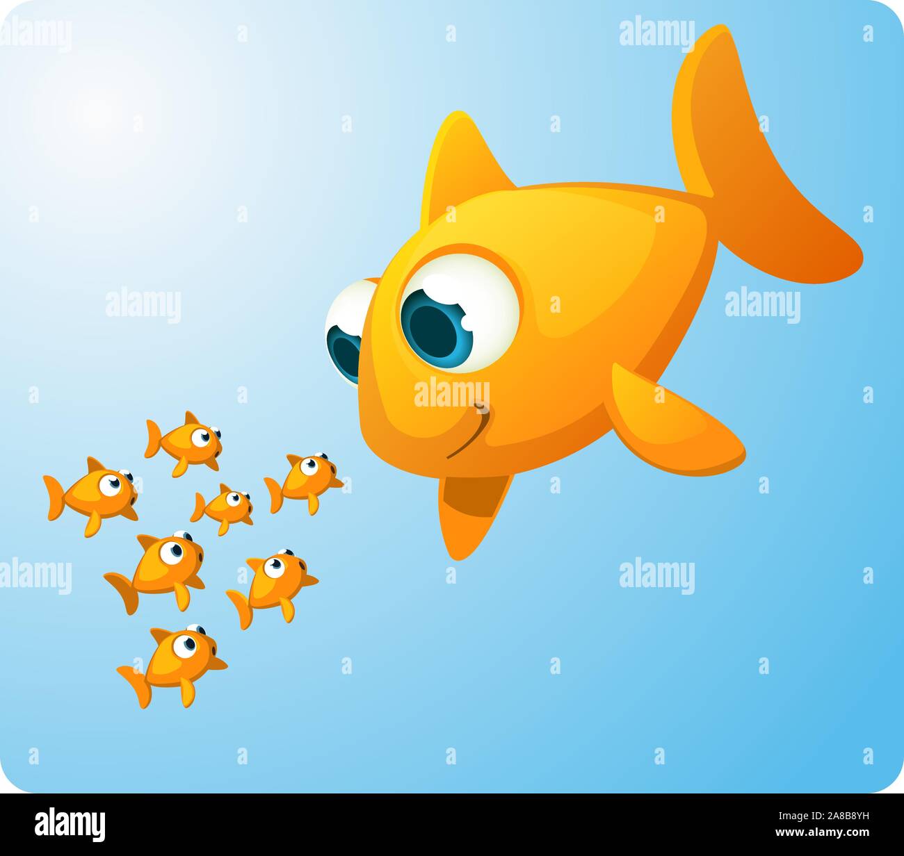 Gruppe von Goldfisch, der Blick auf eine riesige Goldfische überrascht an, sie lächelt. Sieben (7) überrascht und erstaunt, kleine Fische starrte auf eine gleichwertige, aber enormen fi Stock Vektor