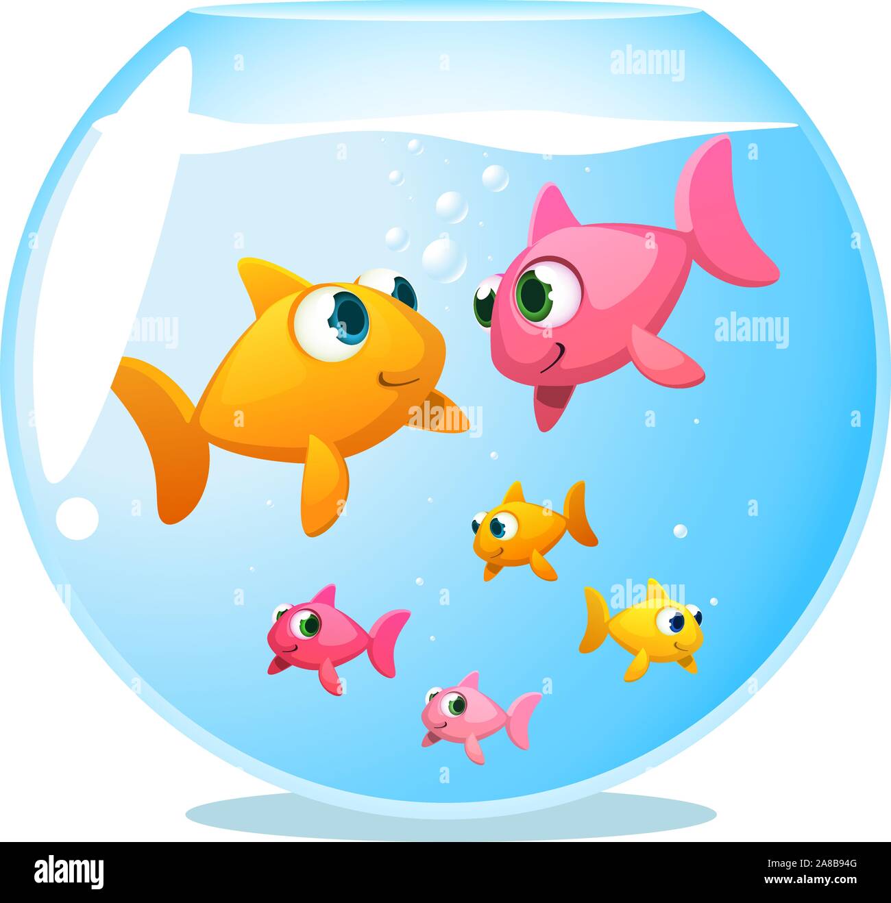 Goldfisch glückliche Familie mit Mutter und Vater fisch fisch an jedem anderen Anstarren und 4 Baby Fische spielen unter ihnen Vector Illustration. Stock Vektor