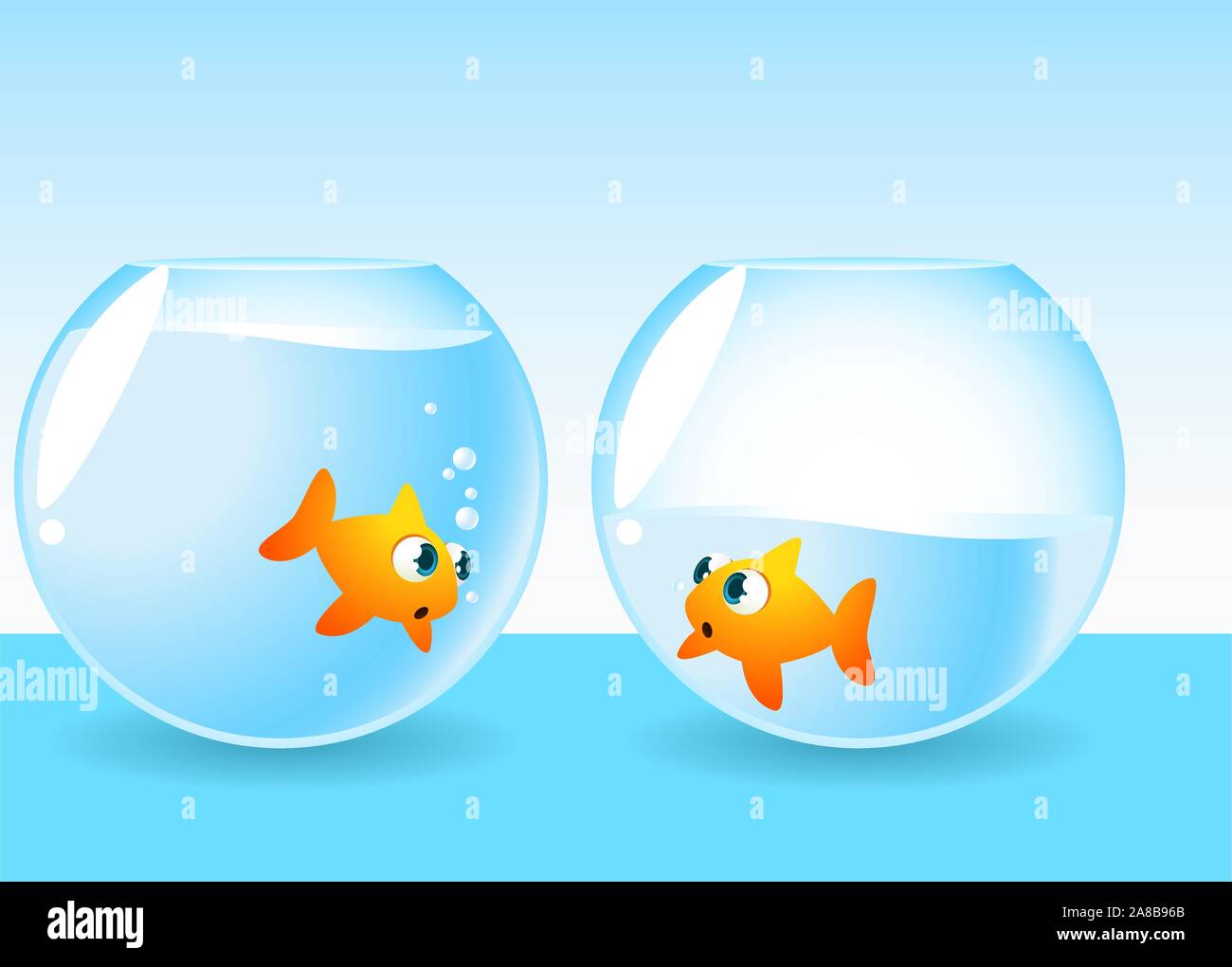 Fishbowl Fische Laufen aus Wasser verzweifelt auf der Freund Fish Tank Vector Illustration suchen. Stock Vektor