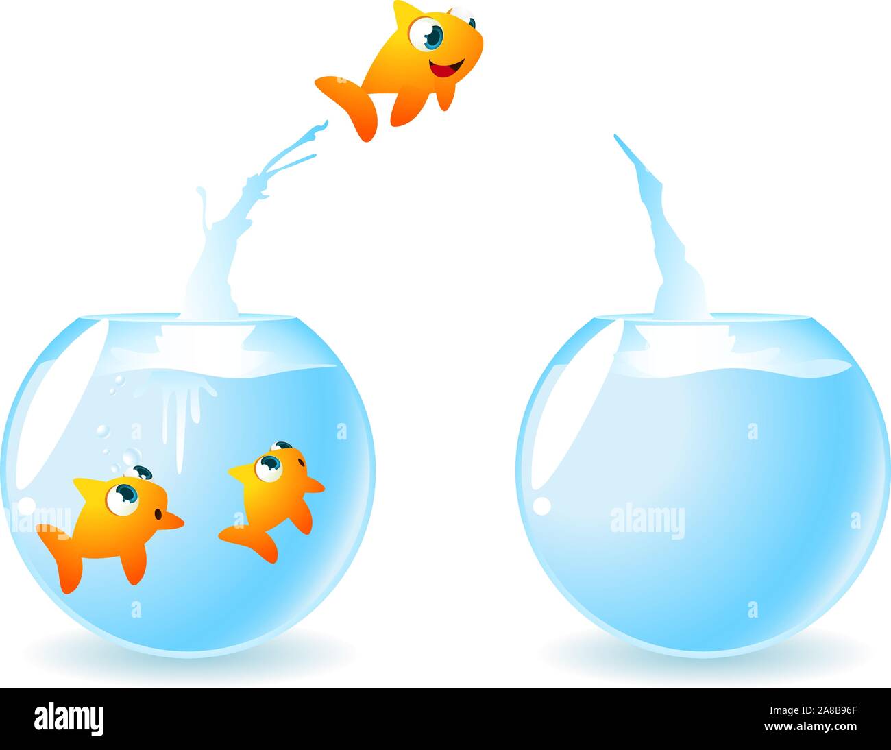 Goldfische brauchen Platz. Kleine Fische springen aus einem Fisch - Schüssel auf einen anderen Fisch - Schüssel, so dass in den ersten zwei Fische Freunde. Vector Illustration. Stock Vektor