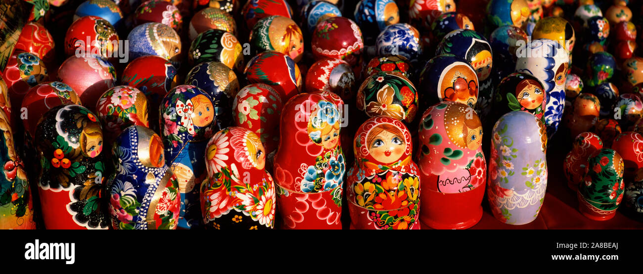 Nahaufnahme der Russische Verschachtelung Puppen, Moskau, Russland Stockfoto