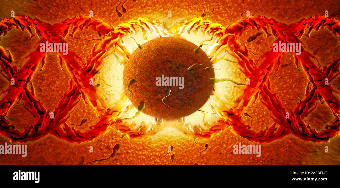 Nahaufnahme einer Helix Modell der DNA mit Sperma und Ei Stockfoto