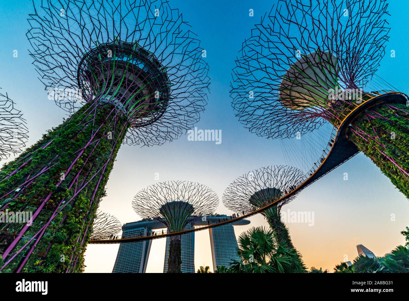 Südostasien, Singapur berühmte Reiseziele Garten durch die Bucht Tourismus Reisen touristische Attraktion Supertree Grove in Blau Stockfoto
