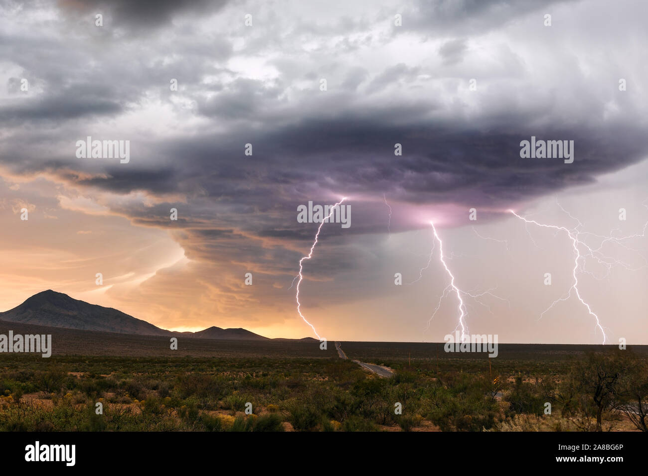 Ein Gewitter mit Blitzen, dunklen Sturmwolken und starkem Regen in der Nähe von Las Cruces, New Mexico Stockfoto