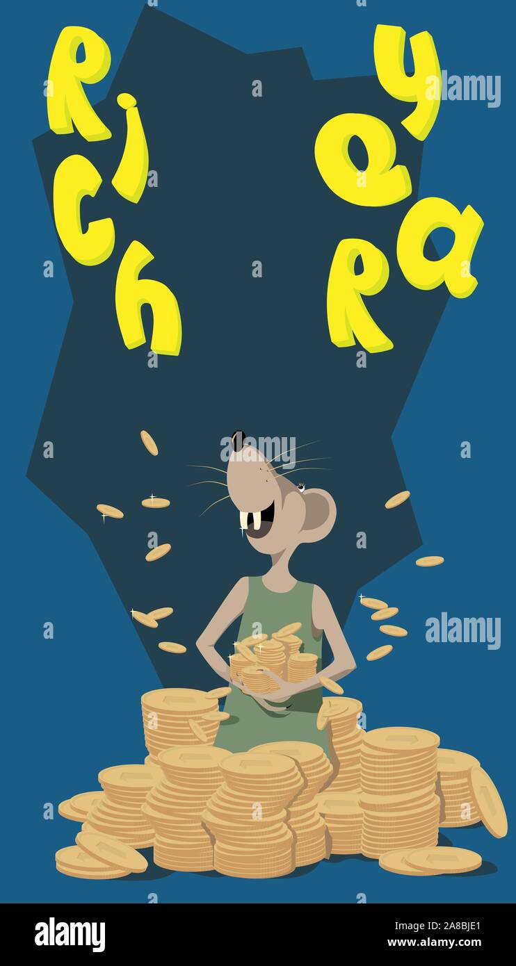 Ratte Symbol für das neue Jahr 2020 sammelt Geld fallen. Freude und Glück auf dem Gesicht der Maus. Berge von Goldmünzen. Vector Illustration Stock Vektor