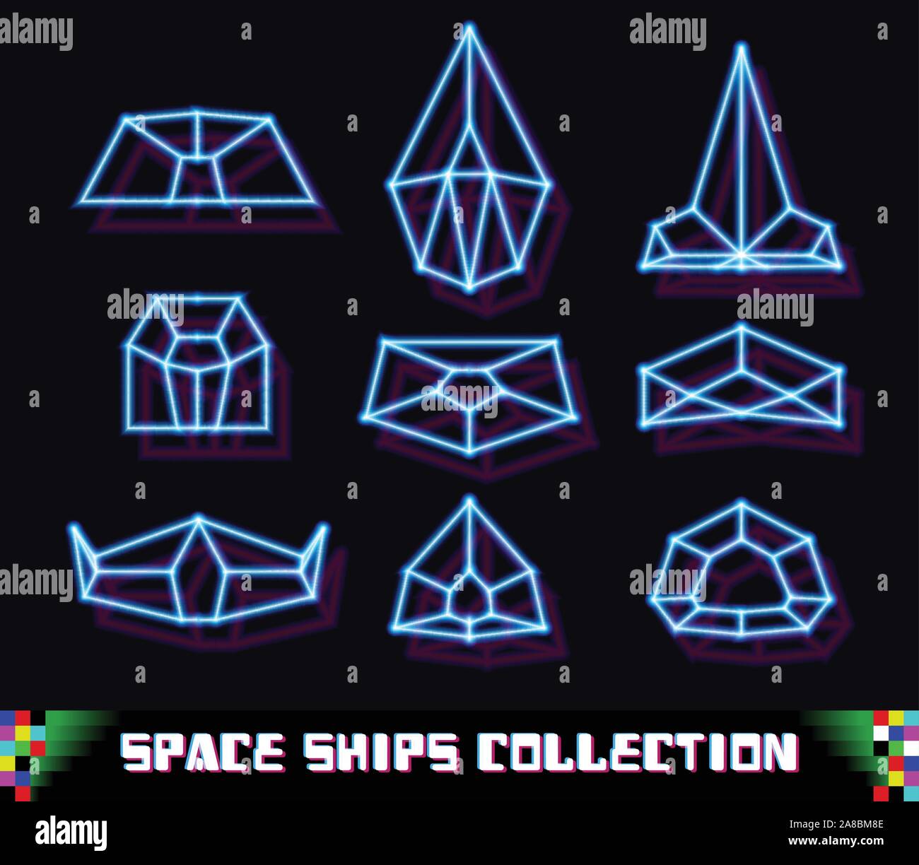 80 s neon Raumschiffe mit Laser geometrischen Rasters styled Stock Vektor