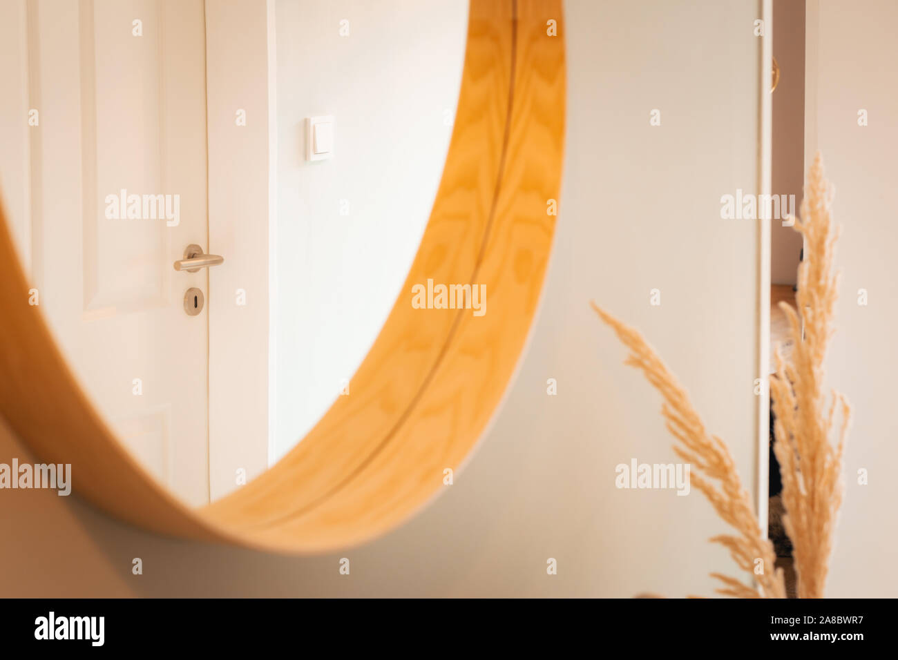 Warme Innenausstattung aus einem Wohnzimmer mit einem Spiegel mit einem Holzrahmen und eine Tür Reflexion und getrocknete vor Reed. Stockfoto