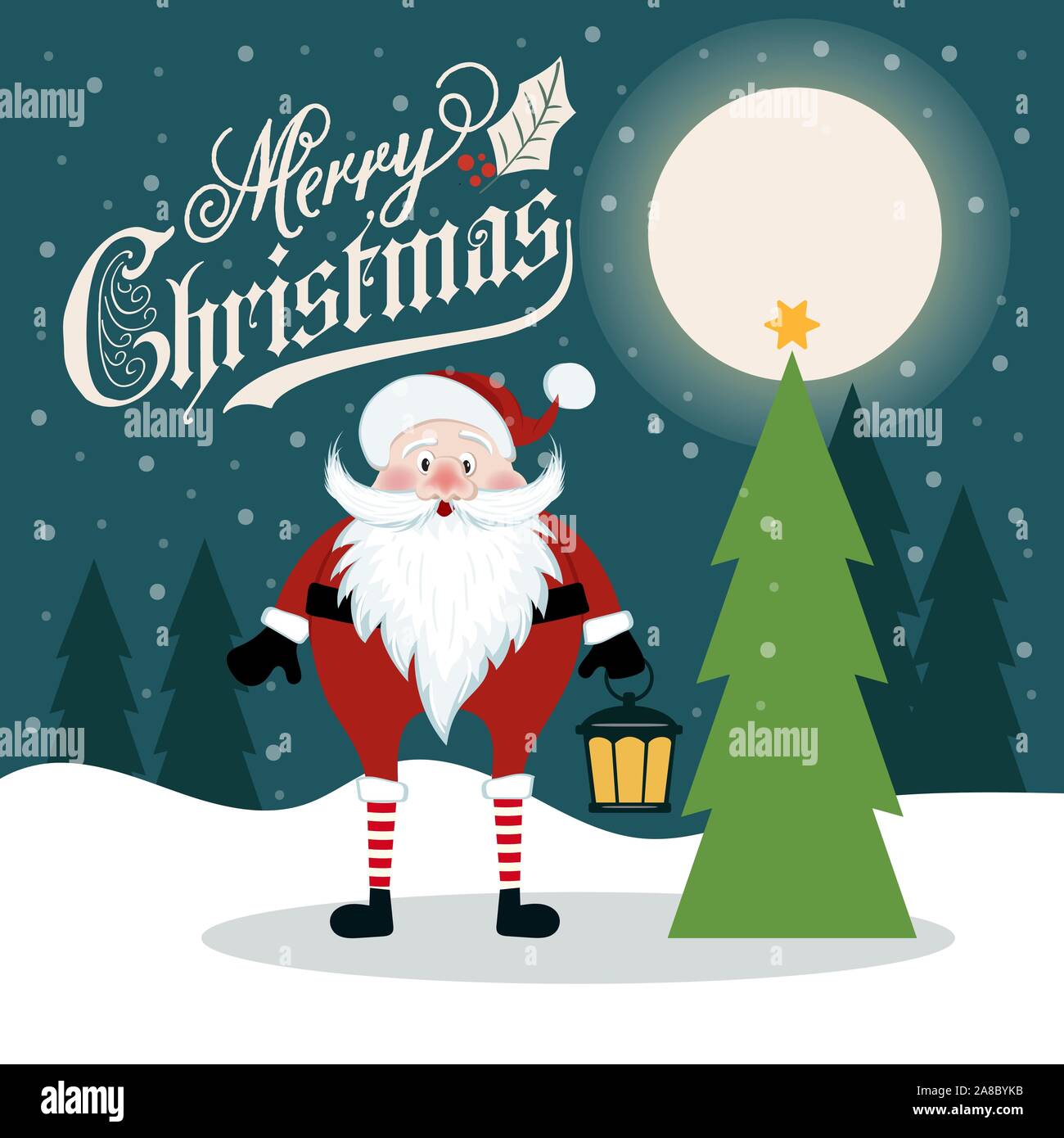 Schöne flache Design retro Weihnachtskarte mit Weihnachtsmann und Weihnachtsbaum. Flache Bauform. Vektor Stock Vektor