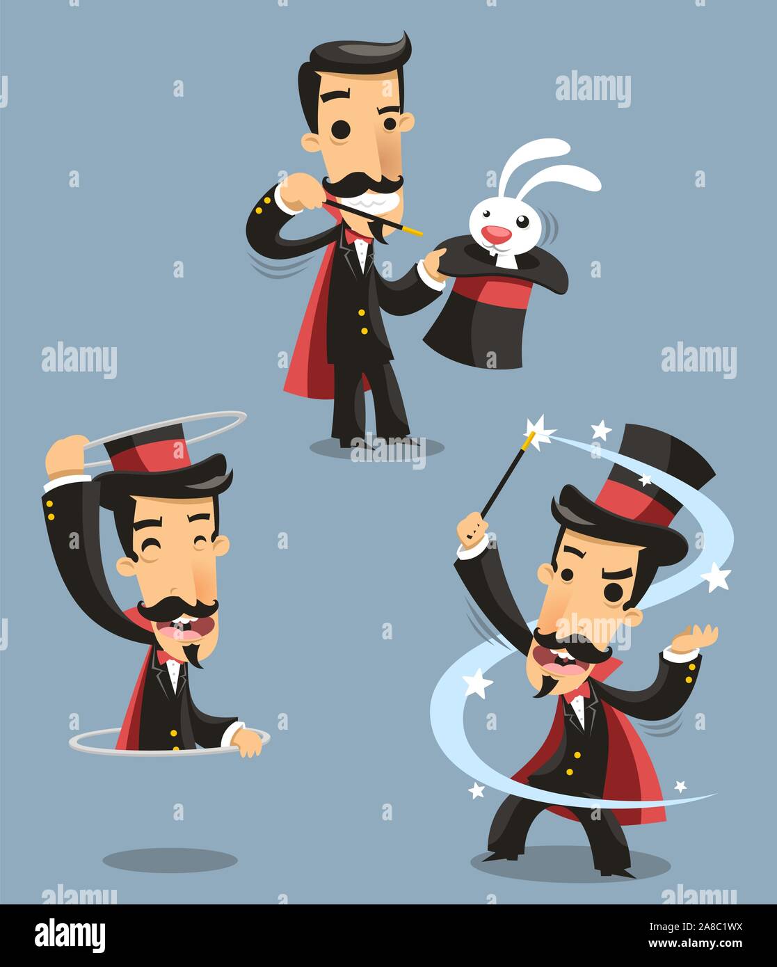 Zauberer Magic Trick Leistung, mit Kaninchen, magischer Trick, aussehen. Vector Illustration Cartoon. Stock Vektor