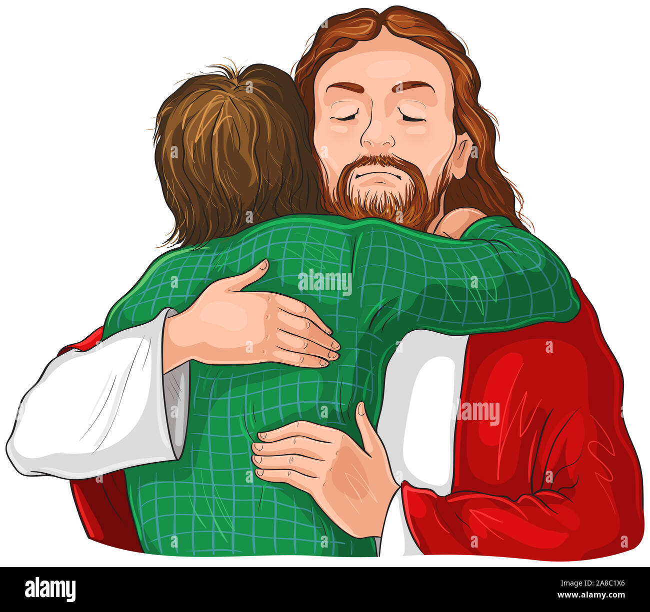 Jesus umarmen Kind Bild. Cartoon christian Abbildung auf weißen isoliert Stockfoto